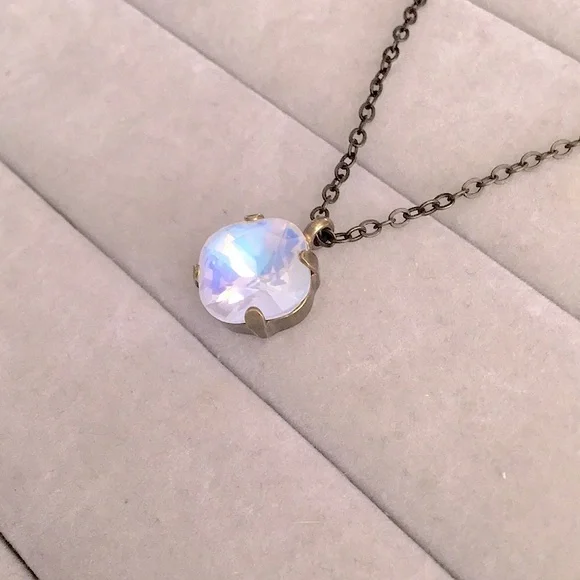 White Opal Aurora Borealis + Antique Brass Crystal Drop Pendant Necklace - Picture 4 of 9